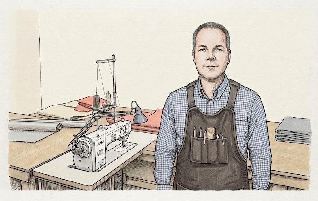 Line drawing of Michael in front of the worktables and one of the loft's industrial sewing machines.
