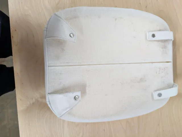 The back of an old cushion: soiled white mesh with snap straps and corner tabs.