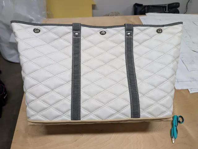 The front of the white quilted tote with two grey straps, three silver twist-lock closures and two strap buttons.